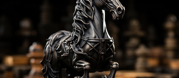 Czarny koń na szachownicy w tle figur szachowych