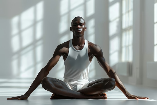 Czarny mężczyzna praktykujący jogę.