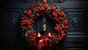 Bezpłatne zdjęcie czarny wieniec na drewnianych drzwiach symbolizujący święto generowane przez sztuczną inteligencję