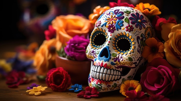 Bezpłatne zdjęcie czaszka cukrowa i kwiaty na drewnianym stole na brązowym tle