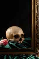 Bezpłatne zdjęcie czaszka i kompozycja kwiatowa martwa natura
