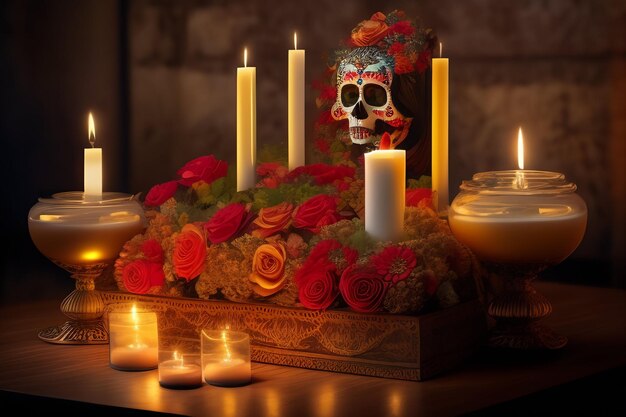 Czaszka otoczona świecami i świecami z napisem czaszka.