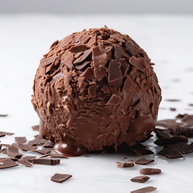 Czekoladowa kulka do lodów z kawałkami czekolady na białym tle Ai generatywne