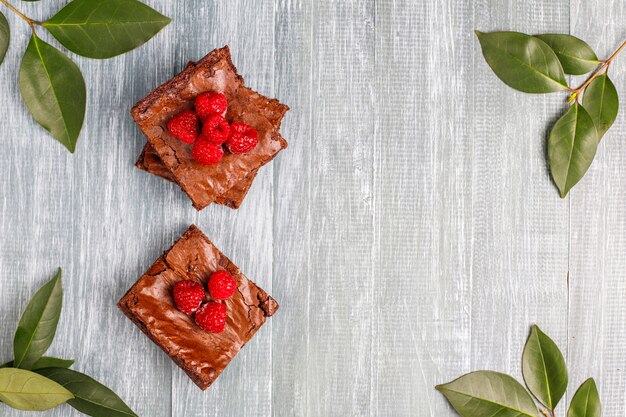 Czekoladowe Ciasto Brownie Deserowe Plastry Malin I Przypraw, Widok Z Góry