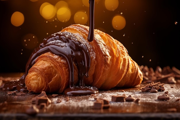 Czekoladowe croissanty świeżo upieczone na drewnianym stole domowe