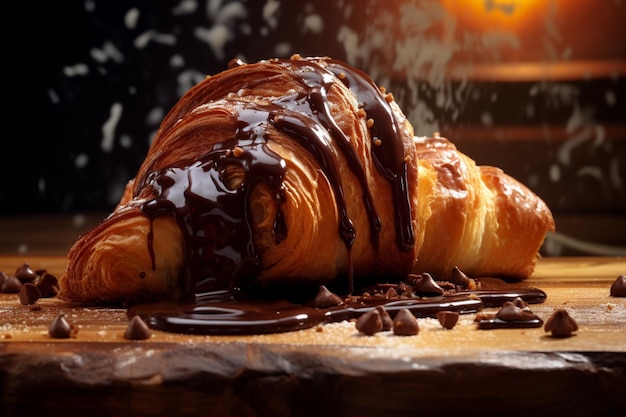 Czekoladowe croissanty świeżo upieczone na drewnianym stole