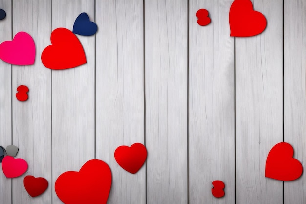 Czerwone i niebieskie serca na szarym drewnianym tle