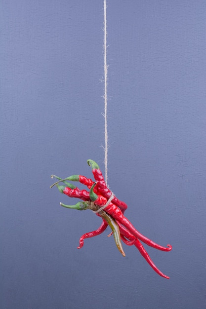 Bezpłatne zdjęcie czerwone ostre papryczki chili powieszone na niebiesko.