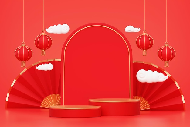Czerwone Podium Chiński Nowy Rok Produkt Stojak Na Podium Tło Cokołu Renderowania 3d