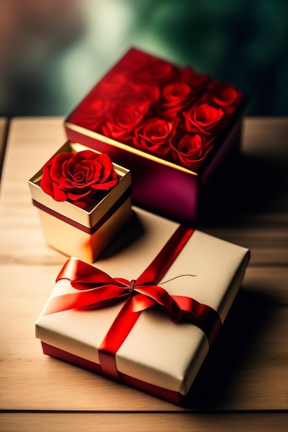 Bezpłatne zdjęcie czerwone róże w pudełku z czerwoną wstążką