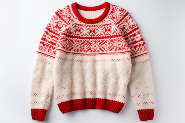 Czerwono-biały szyty świąteczny sweter na białym tle