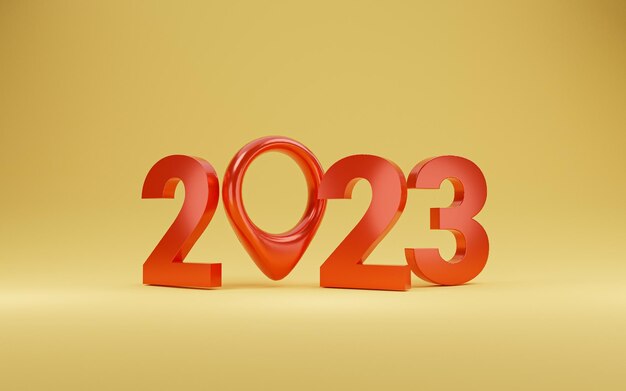 Czerwony 2023 z ikoną lokalizacji na żółtym tle dla przygotowania szczęśliwego nowego roku i konfiguracji obiektywnej koncepcji docelowej celu przez renderowanie 3d