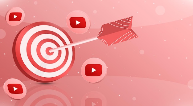 Czerwony cel ze strzałką w pierwszej dziesiątce z ikonami logo youtube wokół 3d
