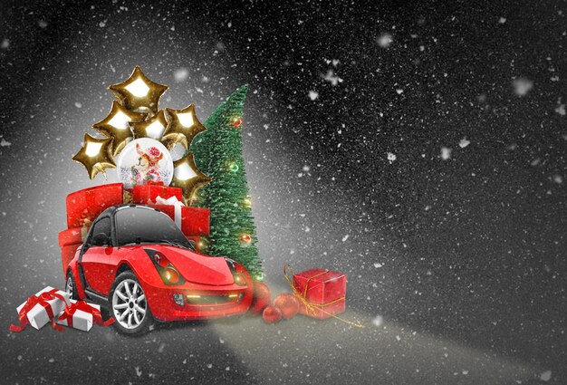 Czerwony samochód na czarnym tle, reflektory włączone. Pada śnieg. W pobliżu choinka, pudełka na prezenty, balony, kula śnieżna. Kolaż. Skopiuj miejsce, zbliżenie.