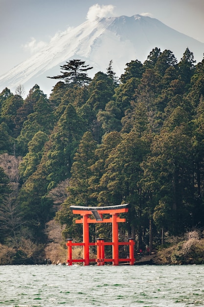 Bezpłatne zdjęcie czerwony torii w jeziorze z góry fuji, japonia