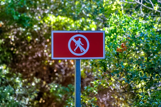 Czerwony znak zakazu chodzenia dla ludzi w lesie
