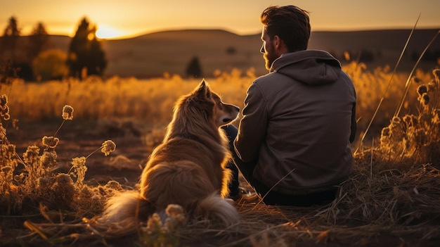 Bezpłatne zdjęcie człowiek i pies siedzą razem na otwartym polu.