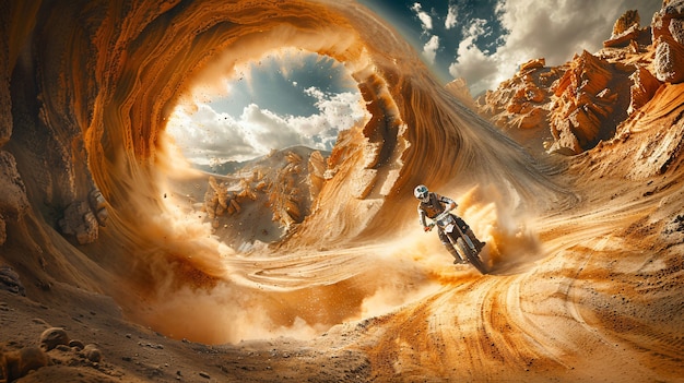 Człowiek ścigający się na motocyklu w fantastycznym środowisku