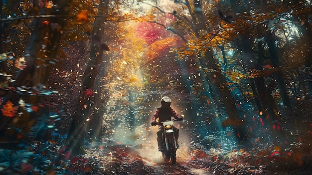 Bezpłatne zdjęcie człowiek ścigający się na motocyklu w fantastycznym środowisku