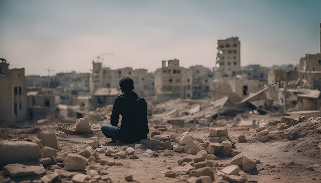 Bezpłatne zdjęcie człowiek siedzący na ziemi i patrzący na ruiny miasta