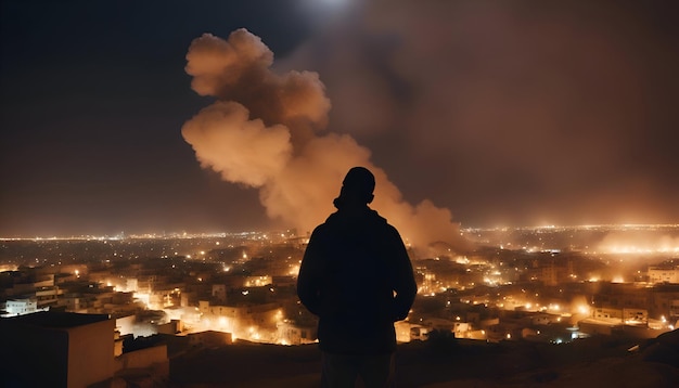 Bezpłatne zdjęcie człowiek z dymem z komina na tle nocnego miasta