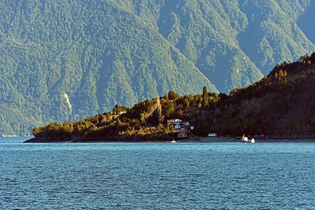 Czyste, błękitne jezioro otoczone gęstymi zielonymi lasami