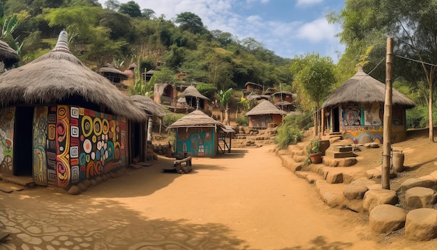 Bezpłatne zdjęcie dachy kryte strzechą pokrywają idylliczne afrykańskie wiejskie krajobrazy generowane przez sztuczną inteligencję