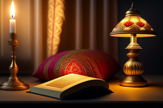 Bezpłatne zdjęcie darmowe zdjęcie ramadan kareem eid mubarak królewska elegancka lampa z meczetową świętą bramą z fajerwerkami
