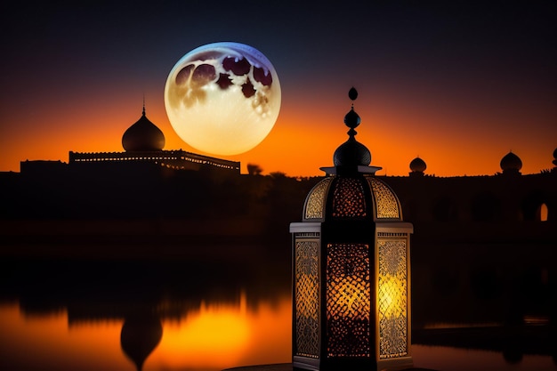 Darmowe Zdjęcie Ramadan Kareem Eid Mubarak Meczet W Wieczór Z Tłem światła Słońca