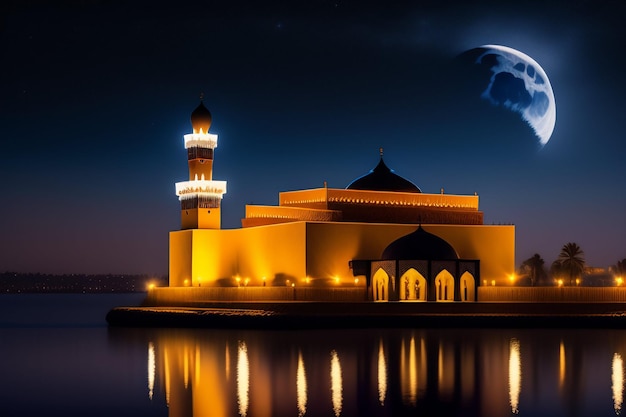 Bezpłatne zdjęcie darmowe zdjęcie ramadan kareem eid mubarak meczet w wieczór z tłem światła słońca