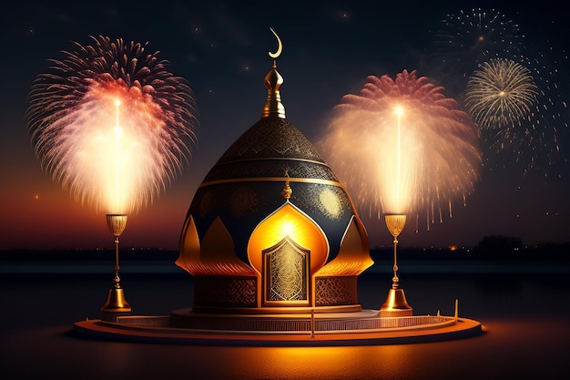 Darmowe Zdjęcie Tło Ramadan Kareem Eid Mubarak Królewski Marokański Lampowy Meczet Z Fajerwerkami