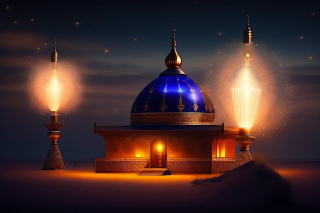 Darmowe Zdjęcie Tło Ramadan Kareem Eid Mubarak Królewski Marokański Lampowy Meczet Z Fajerwerkami