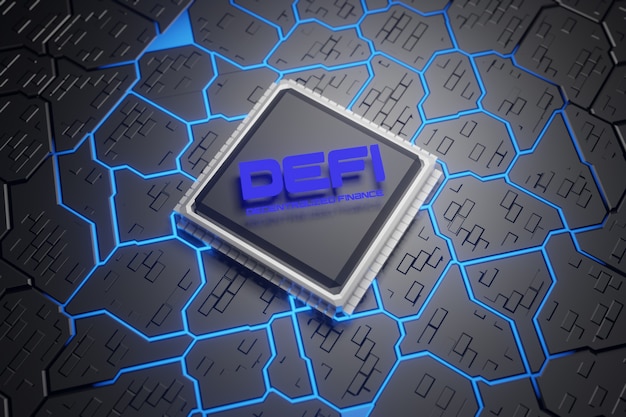 Defi - zdecentralizowane finanse na ciemnoniebieskim tle procesora. z płytką drukowaną koncepcja blockchain, zdecentralizowany system finansowy.