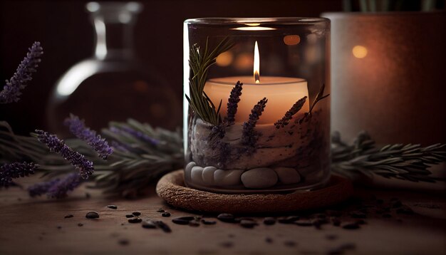 Dekoracja aromaterapeutyczna przy świecach, relaks, rozpieszczanie ciepłem, romans piękności generowany przez sztuczną inteligencję