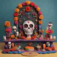 Bezpłatne zdjęcie dekoracja cukrowych czaszek z okazji dnia zmarłych z kwiatami i świecami