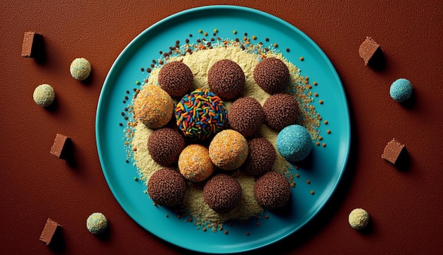 Dekoracja dla smakoszy czekoladowego deseru z cukierków w kształcie kulki, generatywna sztuczna inteligencja