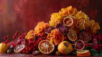 Bezpłatne zdjęcie dekoracyjna aranżacja z suszonymi owocami i kwiatami