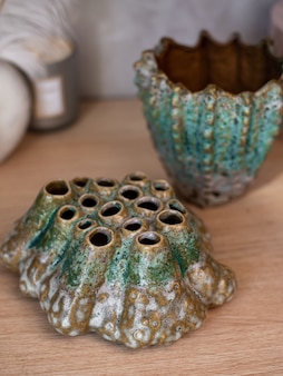 Dekoracyjny wazon ceramiczny. stylowy wystrój domu. sukulenty i kaktusy w doniczce