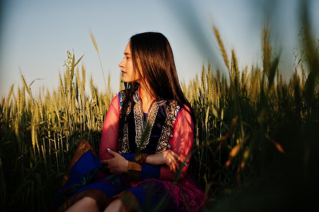 Delikatna Indyjska Dziewczyna W Sari Z Fioletowymi Ustami Makijaż Pozowana Na Polu O Zachodzie Słońca Modny Model Z Indii