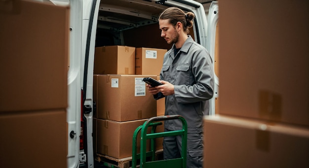 Delivery man scanning packages in a van