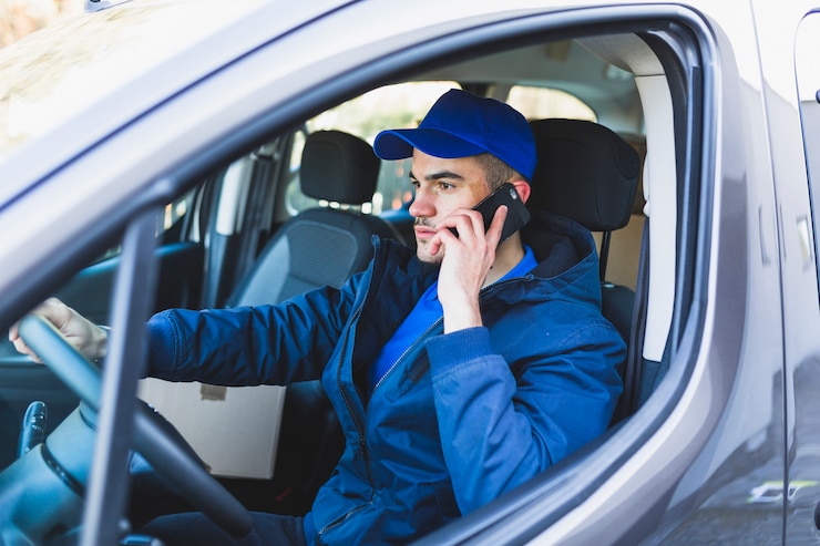 Bezpłatny plik Zdjęcie deliveryman ma rozmowę telefoniczną w samochodzie