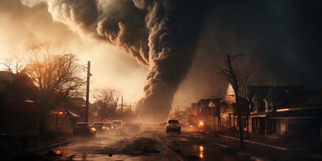 Bezpłatne zdjęcie destrukcyjne tornado przechodzi przez miasto, powodując spustoszenie.