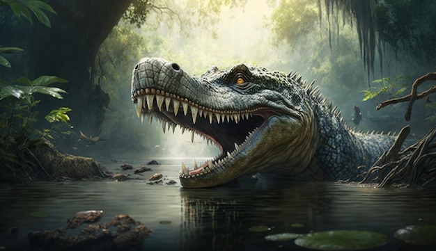 Dinozaur ryczy zaciekle w generatywnym AI prehistorycznego krajobrazu