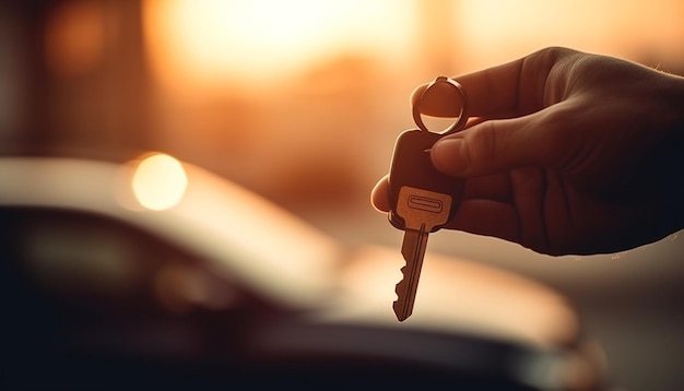 Bezpłatne zdjęcie dłoń trzymająca klucz prowadząca samochód do zachodu słońca wygenerowana przez sztuczną inteligencję
