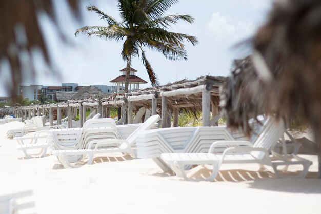 Długi strzał krzesło plażowe w tropikalnym kurorcie