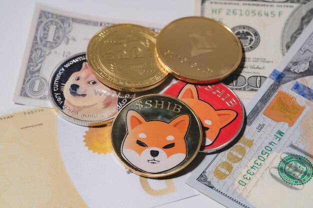 Dogecoin Doge Bitcoin Ethereum Eth Shiba Coin W Zestawie Z Monetą Waluty Crypto Premium Zdjęcia