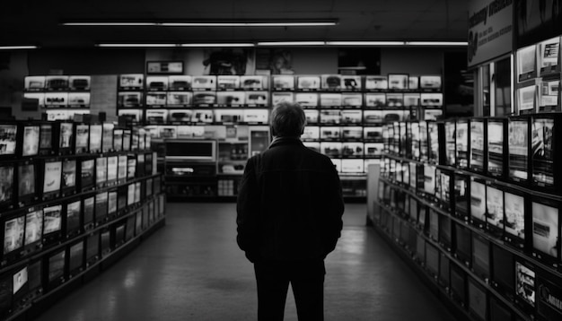 Bezpłatne zdjęcie dojrzały biznesmen wybierający książkę z półki bibliotecznej wygenerowanej przez sztuczną inteligencję