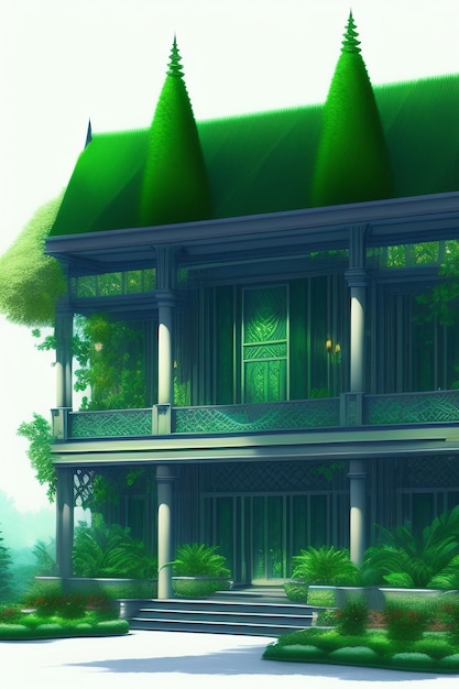 Bezpłatne zdjęcie dom w dżungli z zielonym dachem i zielonym dachem.