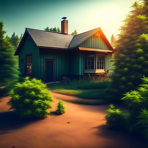 Bezpłatne zdjęcie dom w lesie ze słońcem świecącym na dachu