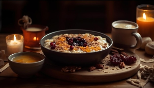 Bezpłatne zdjęcie domowa granola z mlekiem i mieszanką jagód wygenerowana przez ai